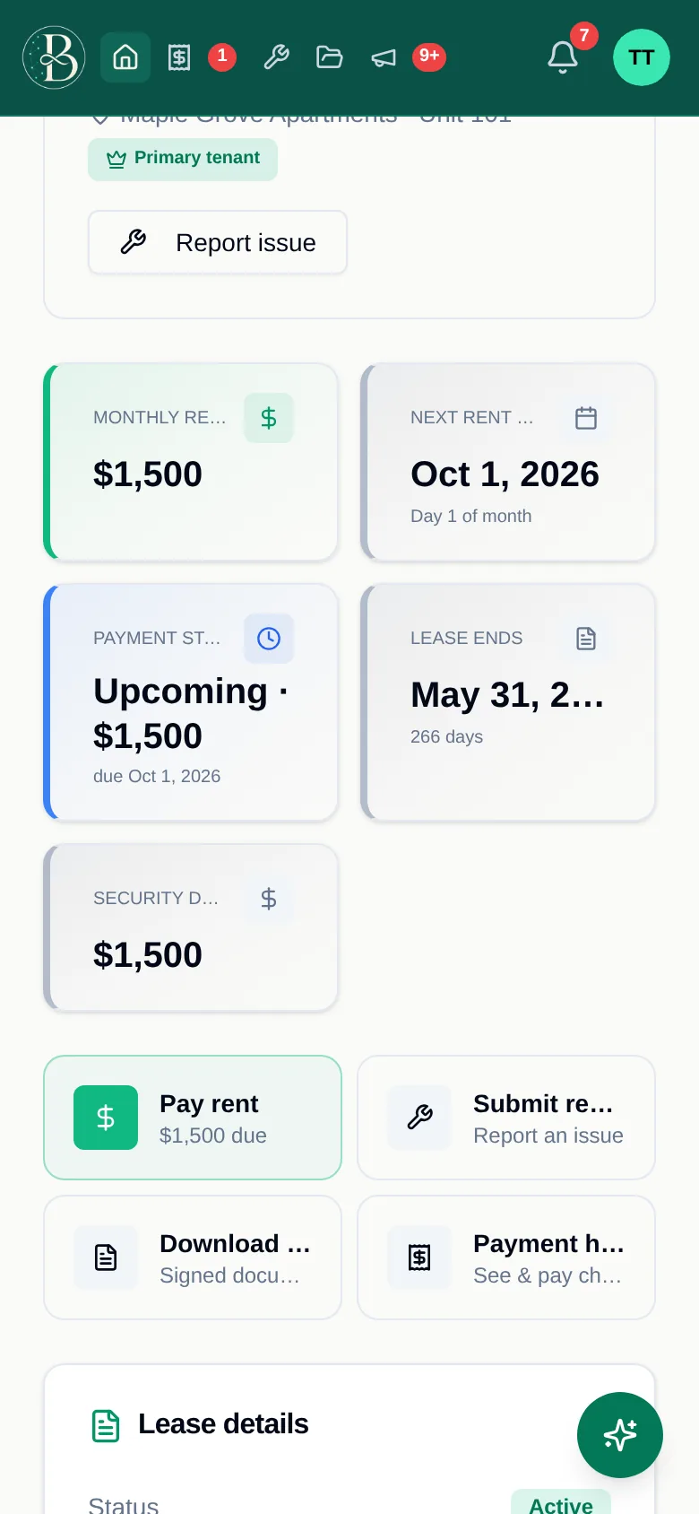 BERLYMA tenant portal on a phone with Pay rent quick action